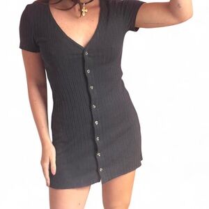 Billabong ribbed knit short sleeve black mini dress with a button front, v-neck